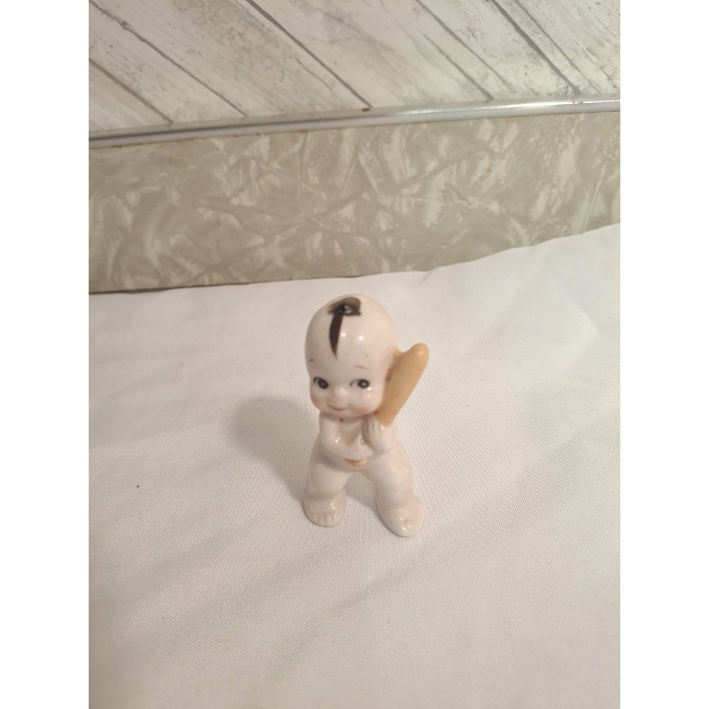 Vintage Lefton Bisque Kewpie Baby Figurine Baseball Bat Porcelain 1950s